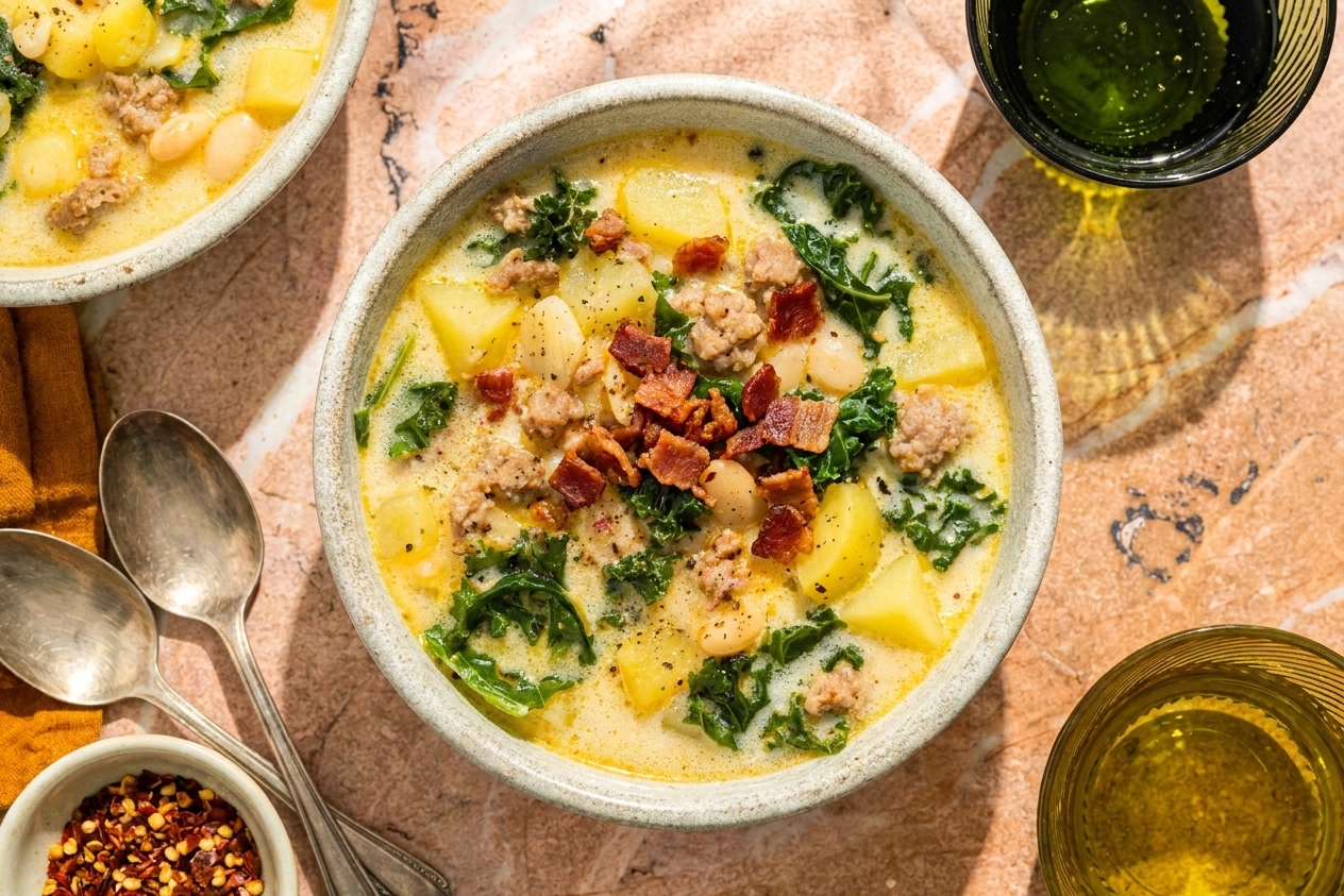 A steaming bowl of creamy Zuppa Toscana soup with Italian sausage, potato slices, and kale, finished with crispy bacon on a rustic kitchen table
