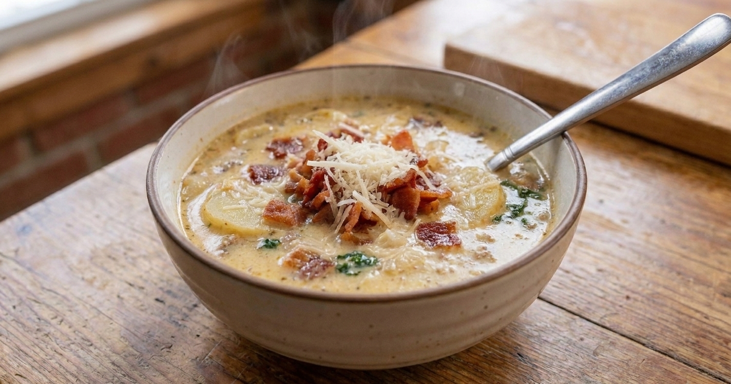 A steaming bowl of creamy Zuppa Toscana with sliced potatoes, Italian sausage, and kale, topped with crisp bacon on a rustic table setting