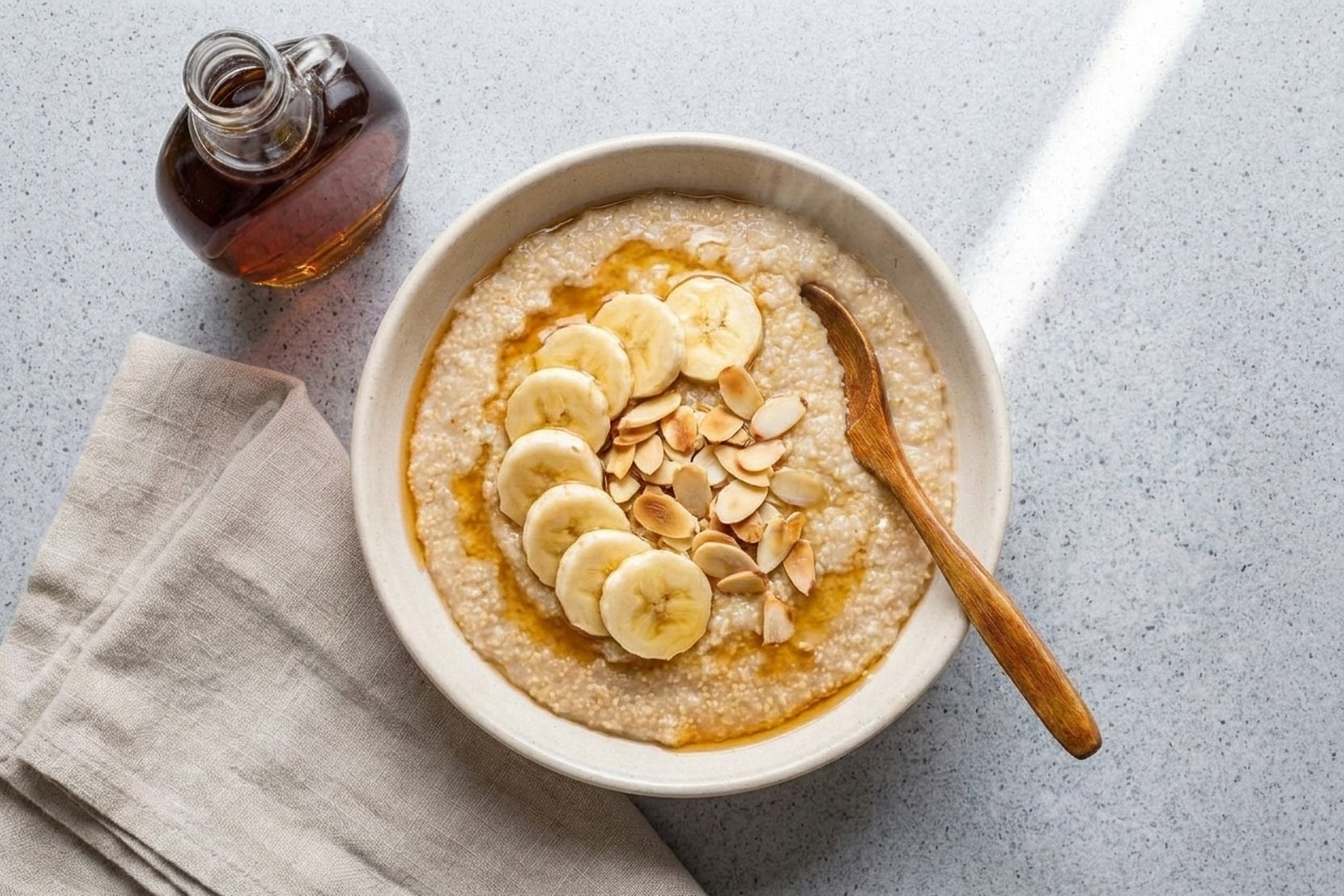 A steaming bowl of creamy amaranth porridge topped with sliced bananas, toasted almonds, and a drizzle of honey on a bright kitchen table