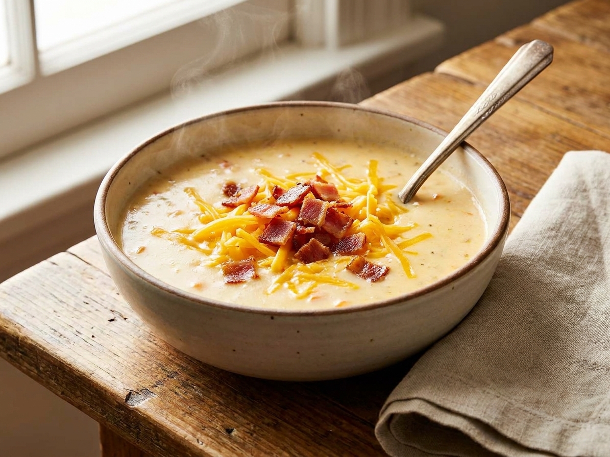 A steaming bowl of creamy beer cheese soup topped with shredded cheddar and crisp bacon on a wooden table with a spoon and a simple linen napkin