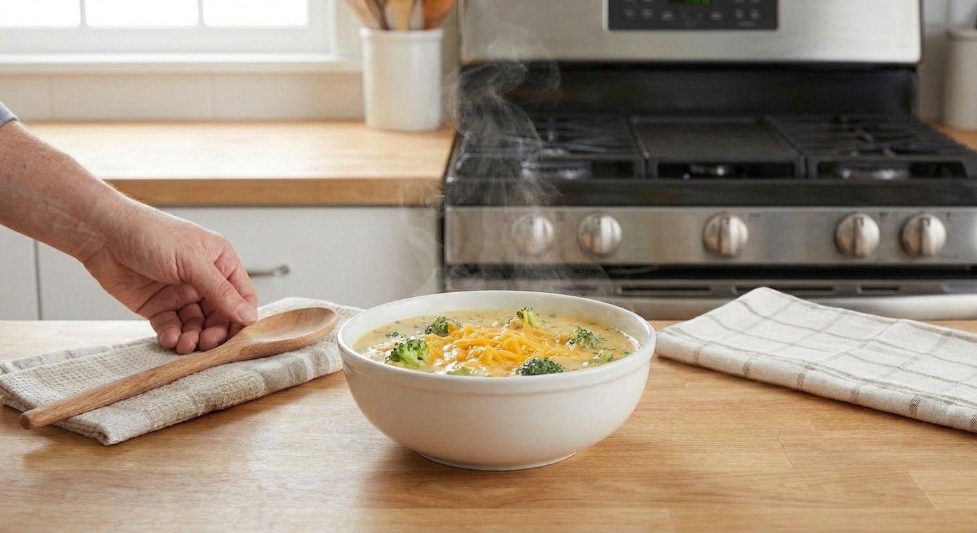 A steaming bowl of creamy broccoli cheddar soup with visible broccoli florets and shredded cheddar on top, sitting on a wooden table with a spoon and a linen napkin