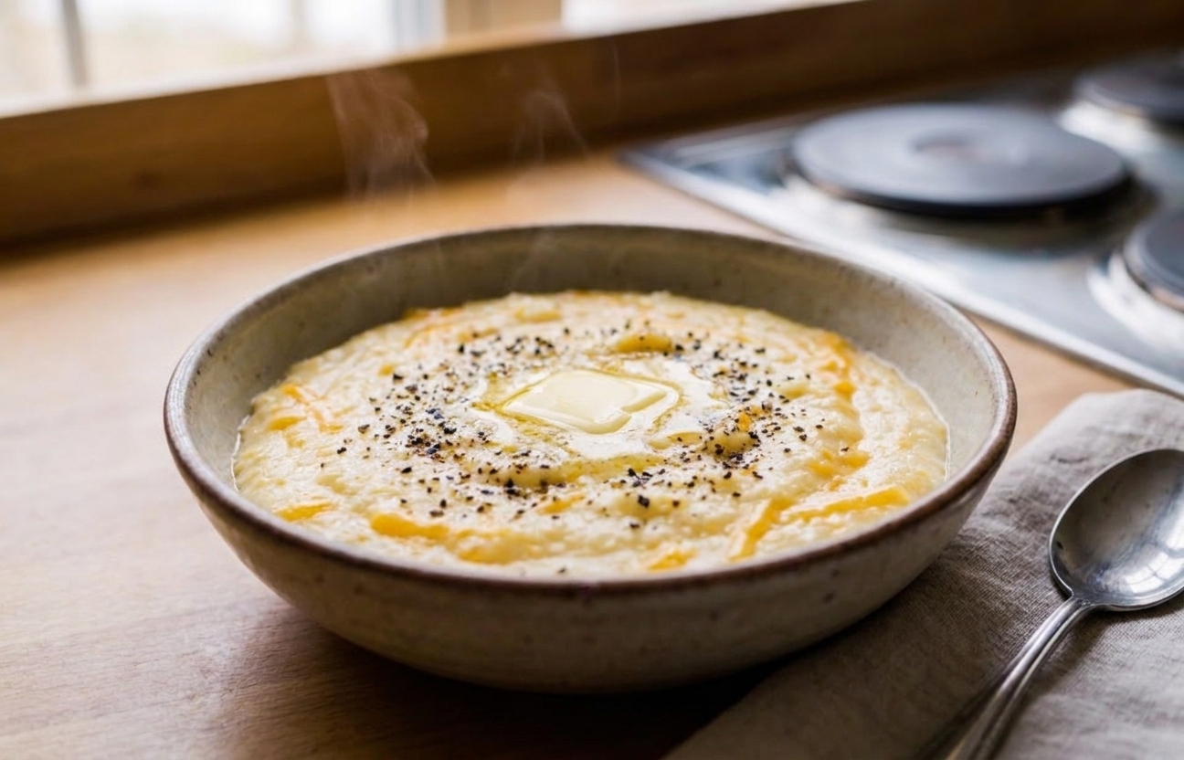 A steaming bowl of creamy cheesy grits topped with melted sharp cheddar and cracked black pepper on a simple wooden table setting