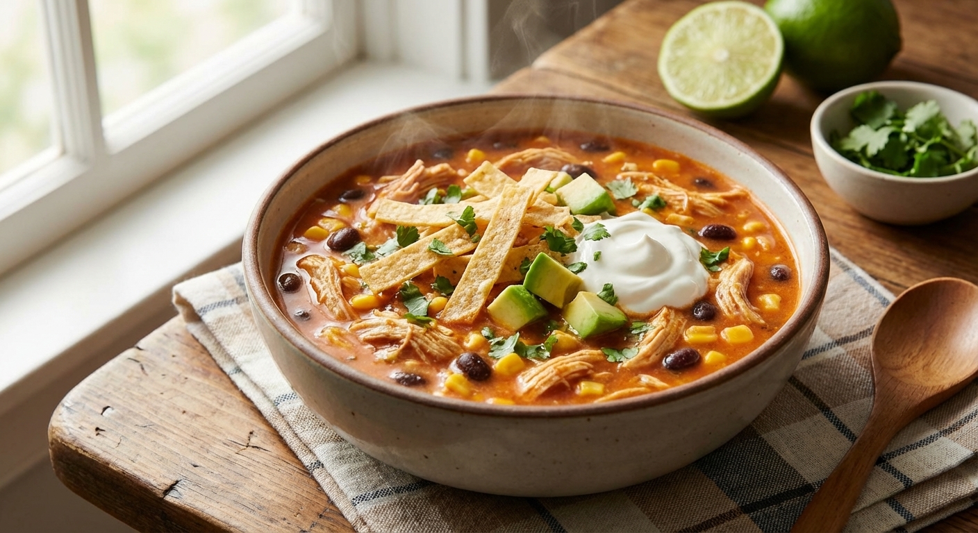A steaming bowl of creamy chicken enchilada soup with shredded chicken, black beans, and corn in a rich red-orange broth, topped with tortilla strips, diced avocado, cilantro, and a swirl of sour cream, shot in natural window light on a cozy kitchen table, photorealistic food photography