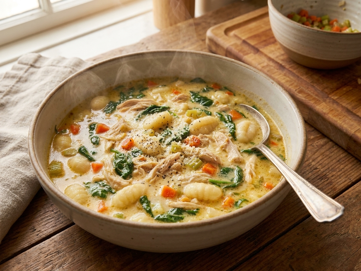 A steaming bowl of creamy chicken gnocchi soup with spinach and carrots on a rustic table, finished with cracked black pepper and grated Parmesan