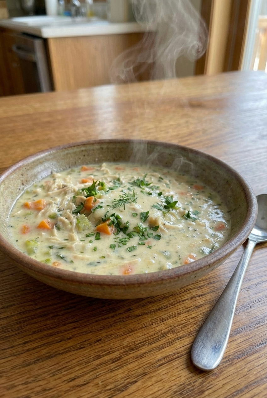 A steaming bowl of creamy chicken soup with carrots, celery, shredded chicken, and fresh herbs on top, shot on a rustic wooden table with a spoon beside it