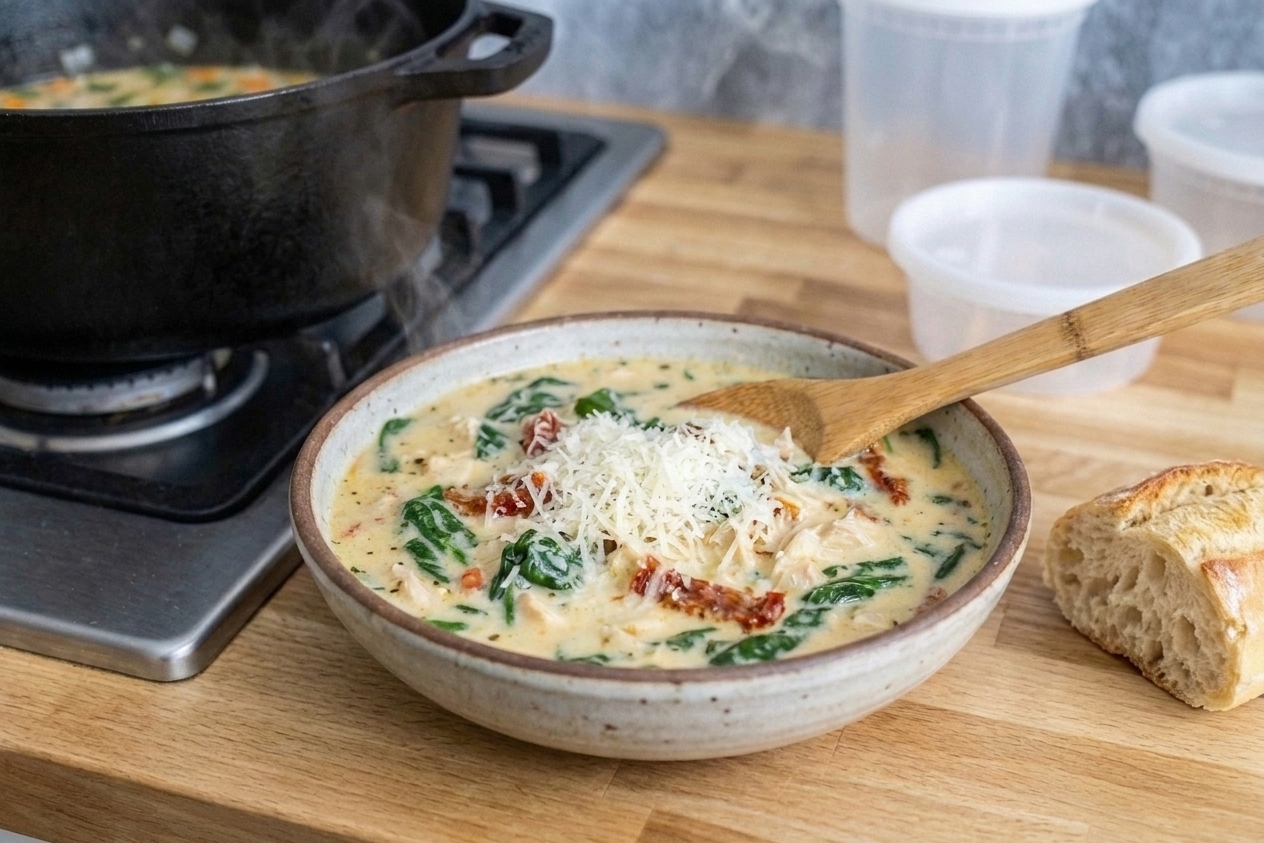A steaming bowl of creamy chicken soup with shredded chicken, sun-dried tomatoes, spinach, and Parmesan on top, set on a simple wooden kitchen table with a spoon and crusty bread nearby