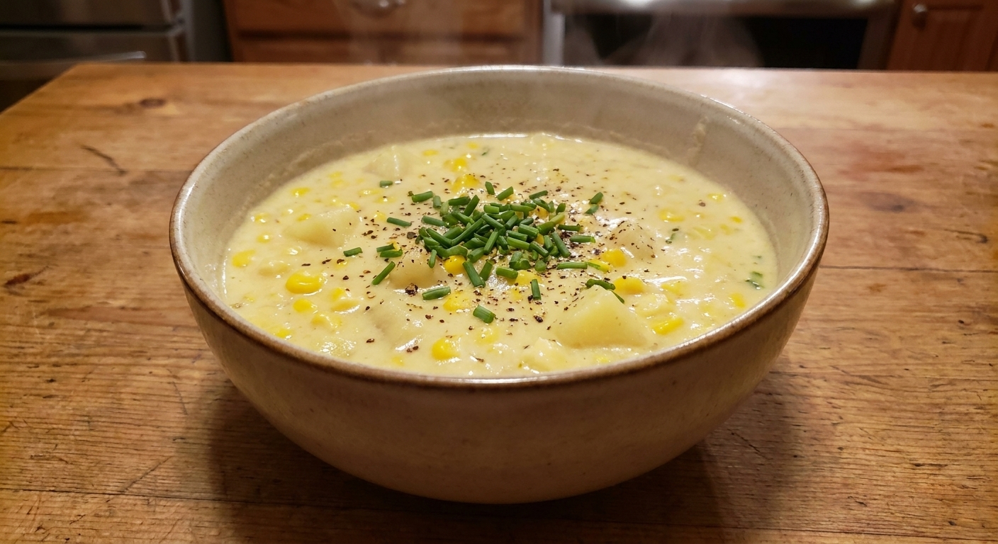 A steaming bowl of creamy corn chowder with visible corn kernels and potato pieces, topped with chopped chives and cracked black pepper on a rustic wooden table