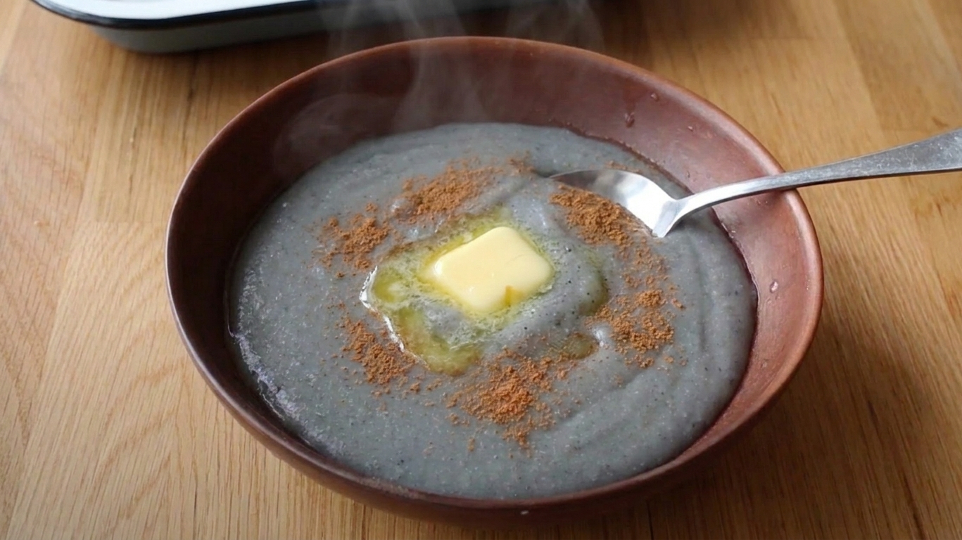 A steaming bowl of creamy cornmeal porridge with a pat of butter melting on top, set on a bright kitchen table with a spoon and soft morning light