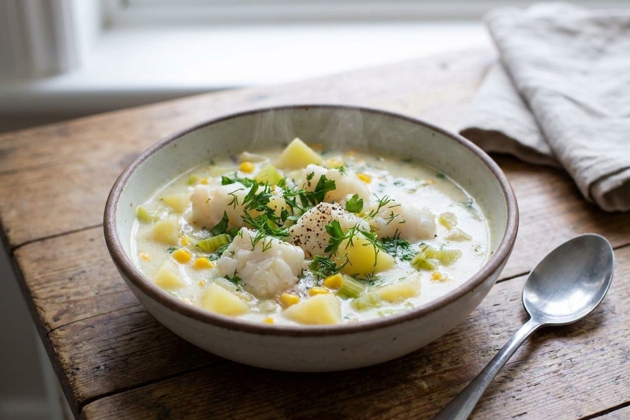 A steaming bowl of creamy fish chowder with chunks of white fish and potatoes, topped with chopped parsley and black pepper, sitting on a rustic kitchen table with a spoon beside it