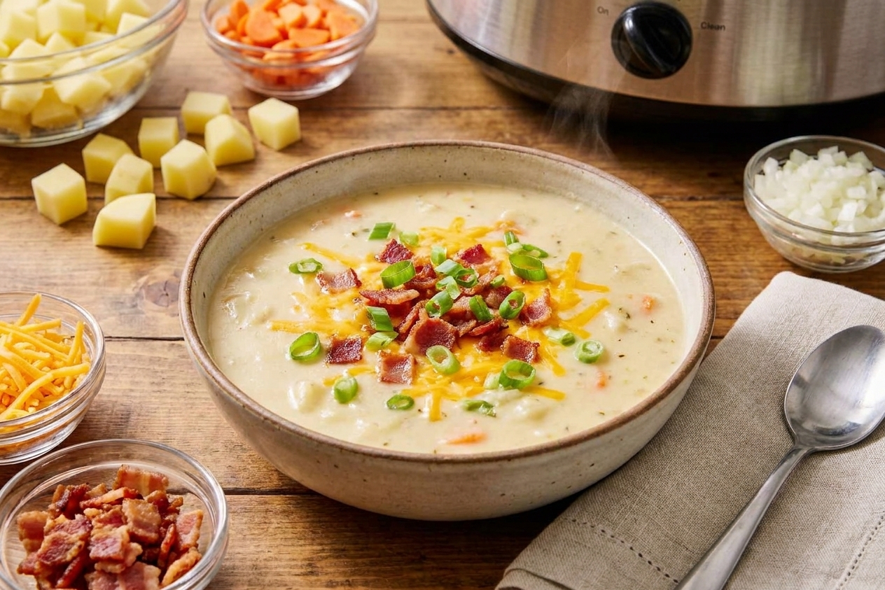 A steaming bowl of creamy slow cooker potato soup topped with shredded cheddar, crispy bacon, and sliced green onions on a wooden kitchen table with soft natural light