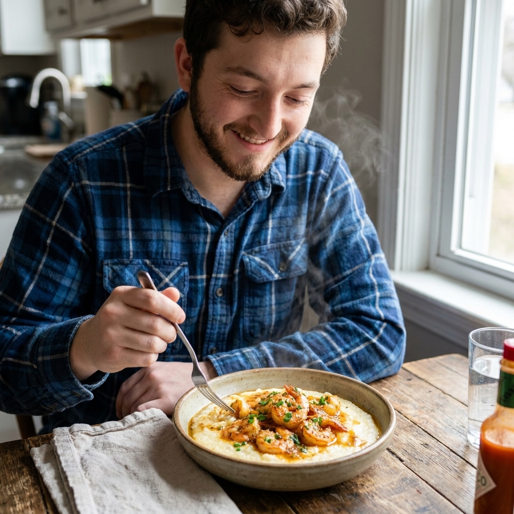 A steaming bowl of creamy stone-ground grits topped with Cajun-spiced shrimp and a glossy buttery pan sauce, shot on a rustic wooden table in natural window light