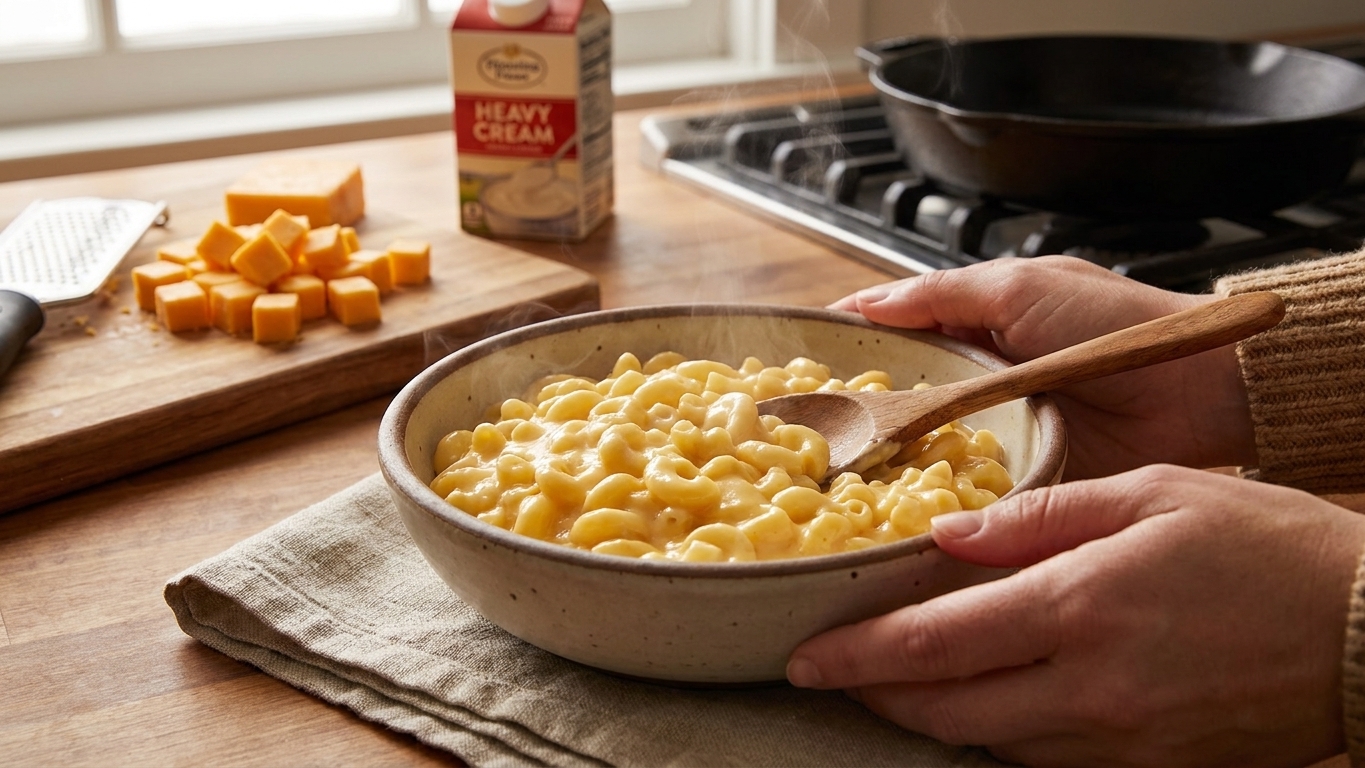 A steaming bowl of creamy stovetop mac and cheese with glossy cheese sauce and a spoon resting on a linen napkin on a warm kitchen table