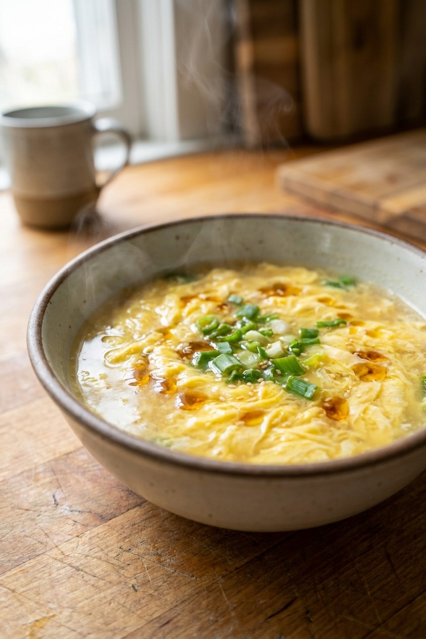 A steaming bowl of egg drop soup with bright yellow egg ribbons, sliced green onions, and a few drops of toasted sesame oil on top, photographed on a kitchen counter in natural light