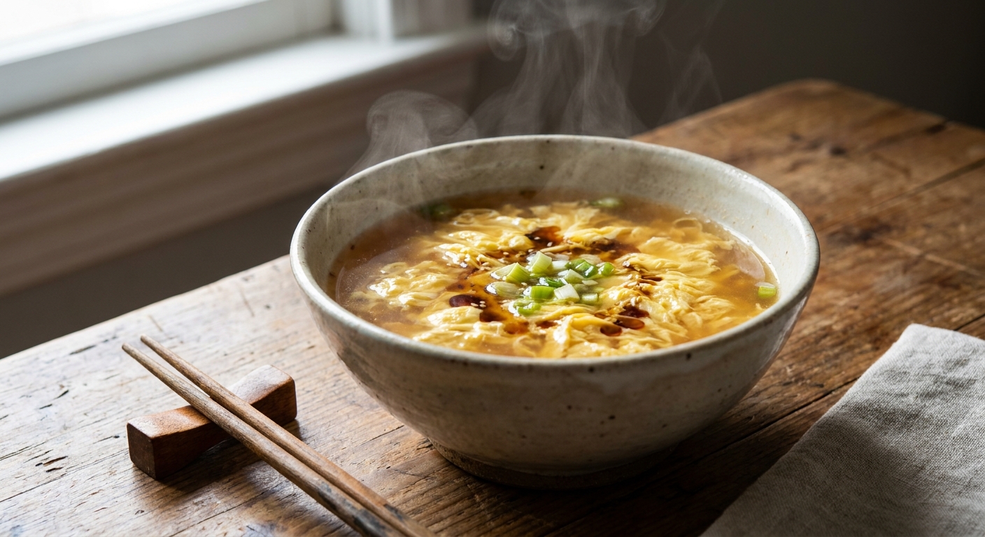 A steaming bowl of egg drop soup with delicate yellow egg ribbons, sliced scallions, and a drizzle of toasted sesame oil on a wooden kitchen table with chopsticks nearby, natural window light
