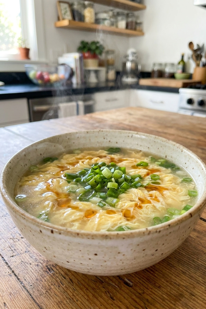 A steaming bowl of egg drop soup with silky egg ribbons, chopped scallions, and a drizzle of toasted sesame oil on a wooden table in a bright home kitchen