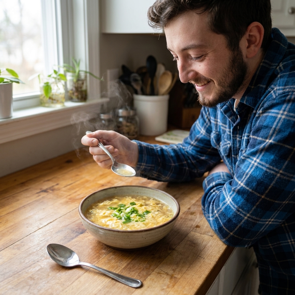 A steaming bowl of egg drop soup with silky egg ribbons and sliced scallions on top, sitting on a wooden kitchen counter with a spoon beside it, natural window light, real food photography