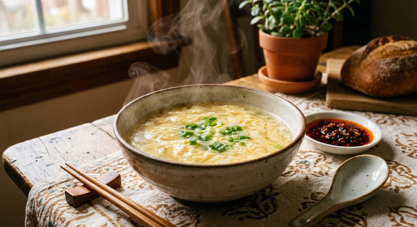 A steaming bowl of egg drop soup with silky egg ribbons and sliced green onions on top, photographed on a cozy kitchen table with chopsticks nearby