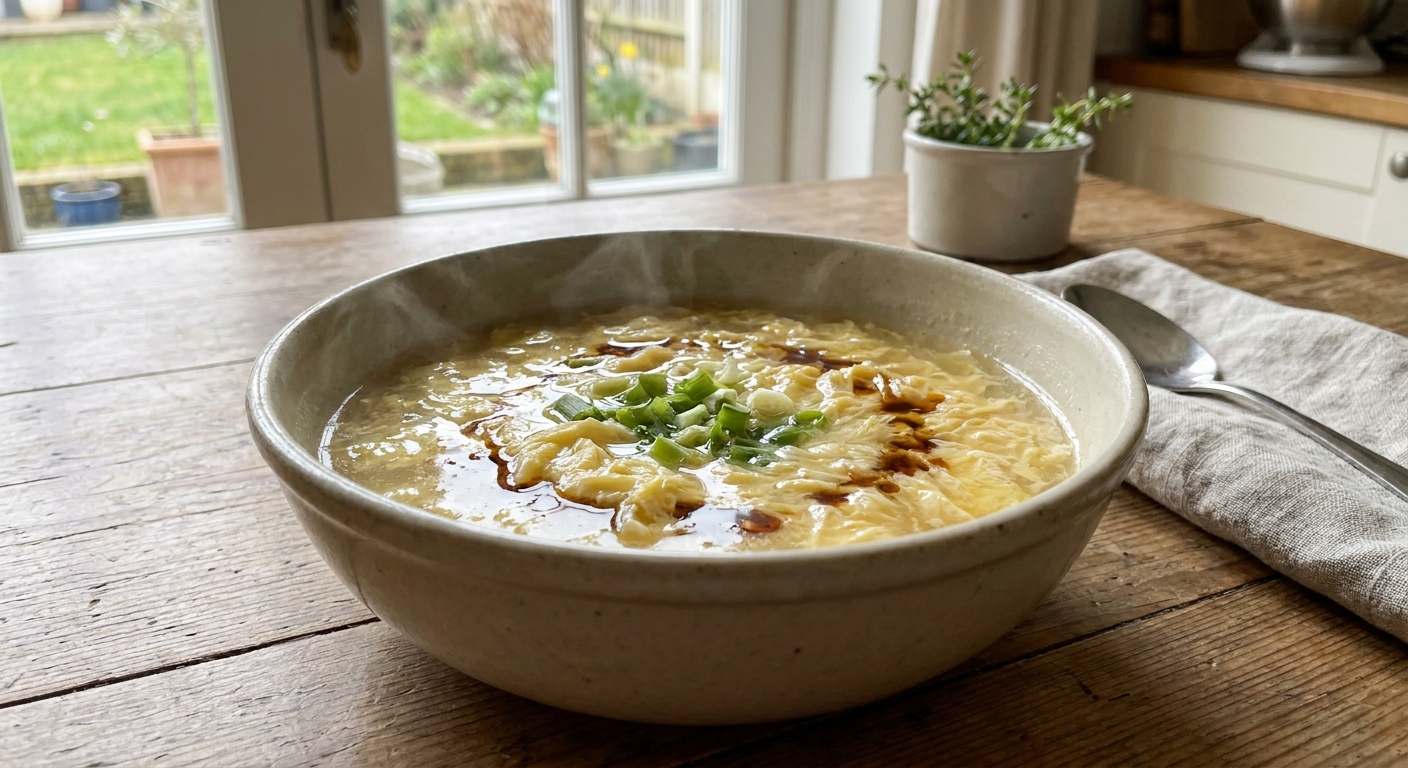 A steaming bowl of egg drop soup with visible silky egg ribbons, sliced green onions, and a drizzle of toasted sesame oil on a wooden table in a bright home kitchen, real food photography