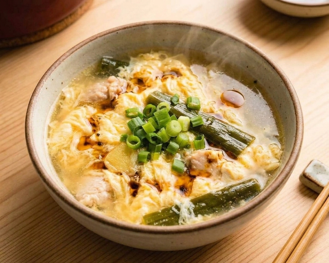 A steaming bowl of egg flower soup with visible golden egg ribbons, sliced scallions, and a few drops of toasted sesame oil on top, set on a light kitchen table with chopsticks nearby