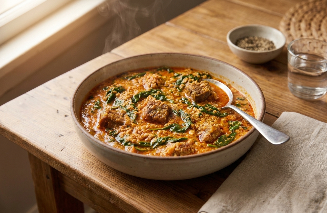 A steaming bowl of egusi soup with a rich orange-red surface, visible leafy greens, and chunks of meat, served on a cozy dinner table with a spoon