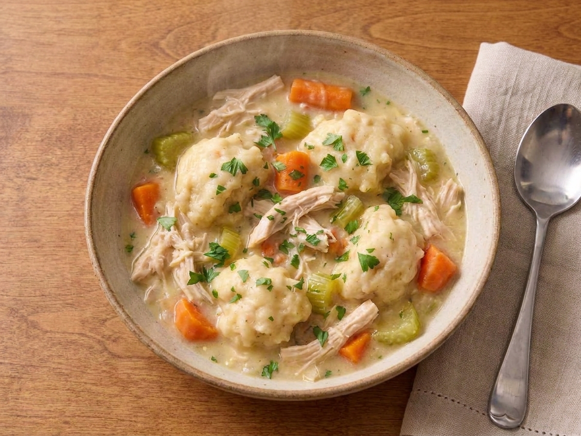 A steaming bowl of grandma-style chicken and dumplings with shredded chicken, carrots, celery, and fluffy dumplings in a creamy broth on a wooden table with a spoon nearby