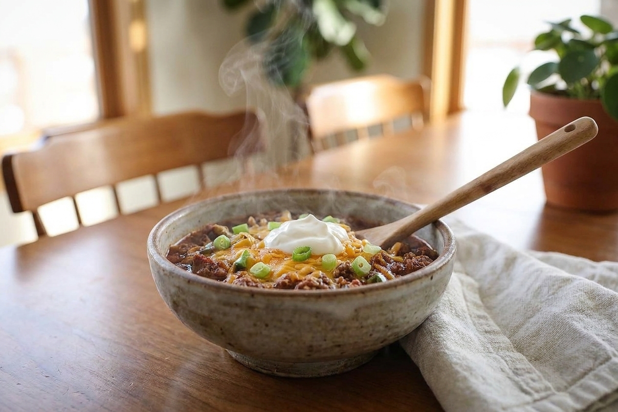 A steaming bowl of hamburger chili topped with shredded cheddar, sliced green onions, and a dollop of sour cream on a wooden table with a spoon