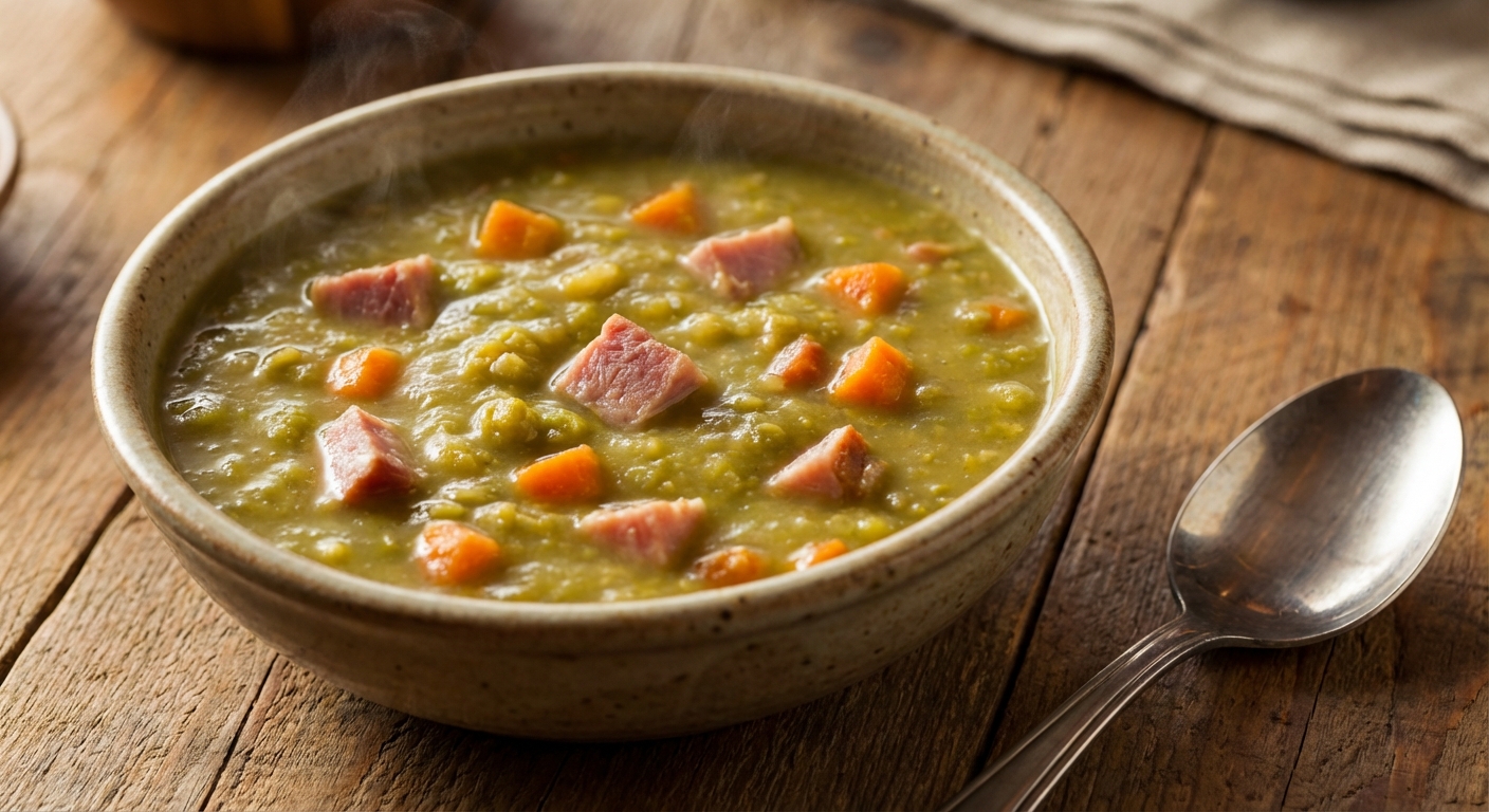 A steaming bowl of hearty split pea soup with chunks of ham and carrots on a rustic wooden table with a spoon beside it