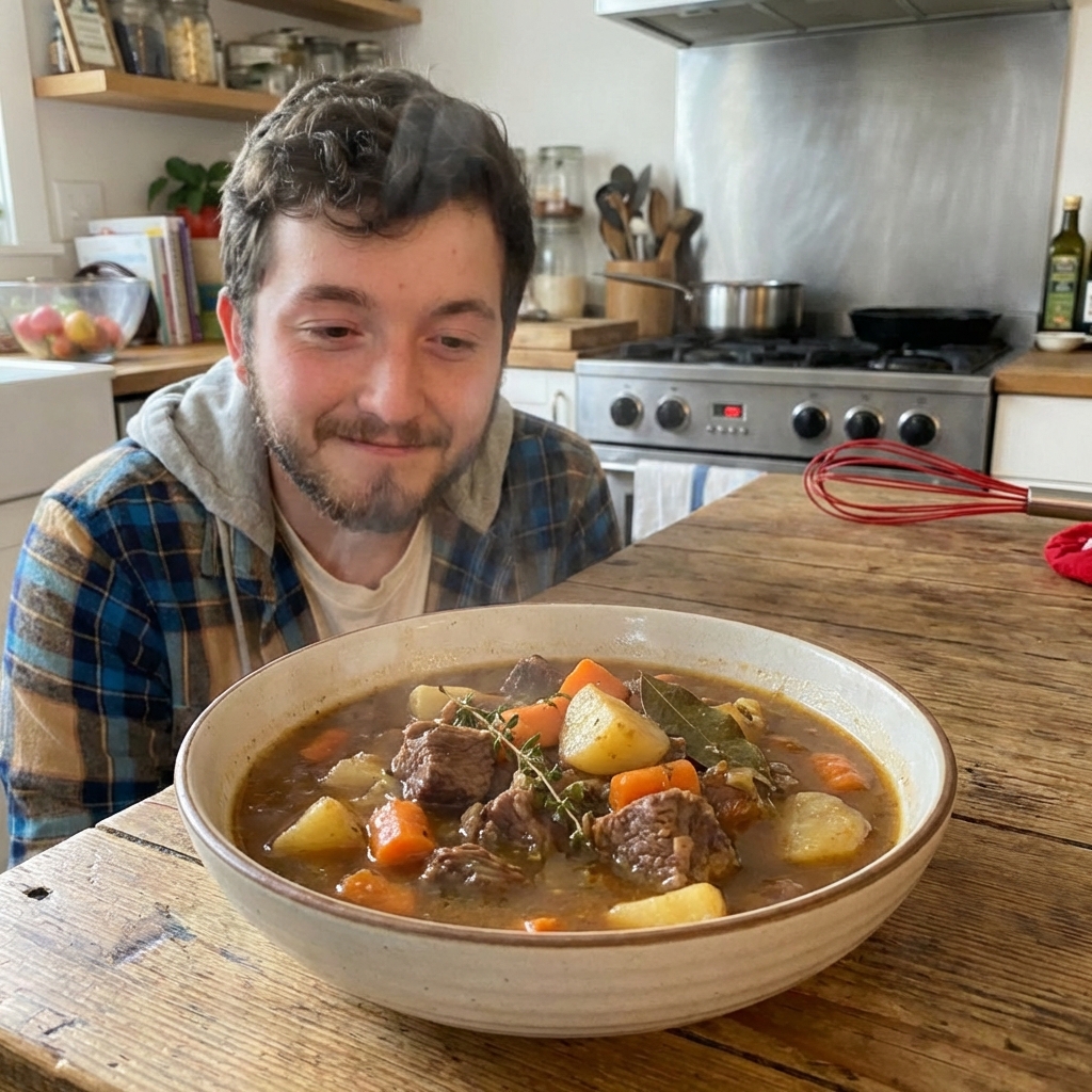 A steaming bowl of homemade beef stew with tender beef chunks, potatoes, carrots, and herbs in a rich brown broth on a wooden table