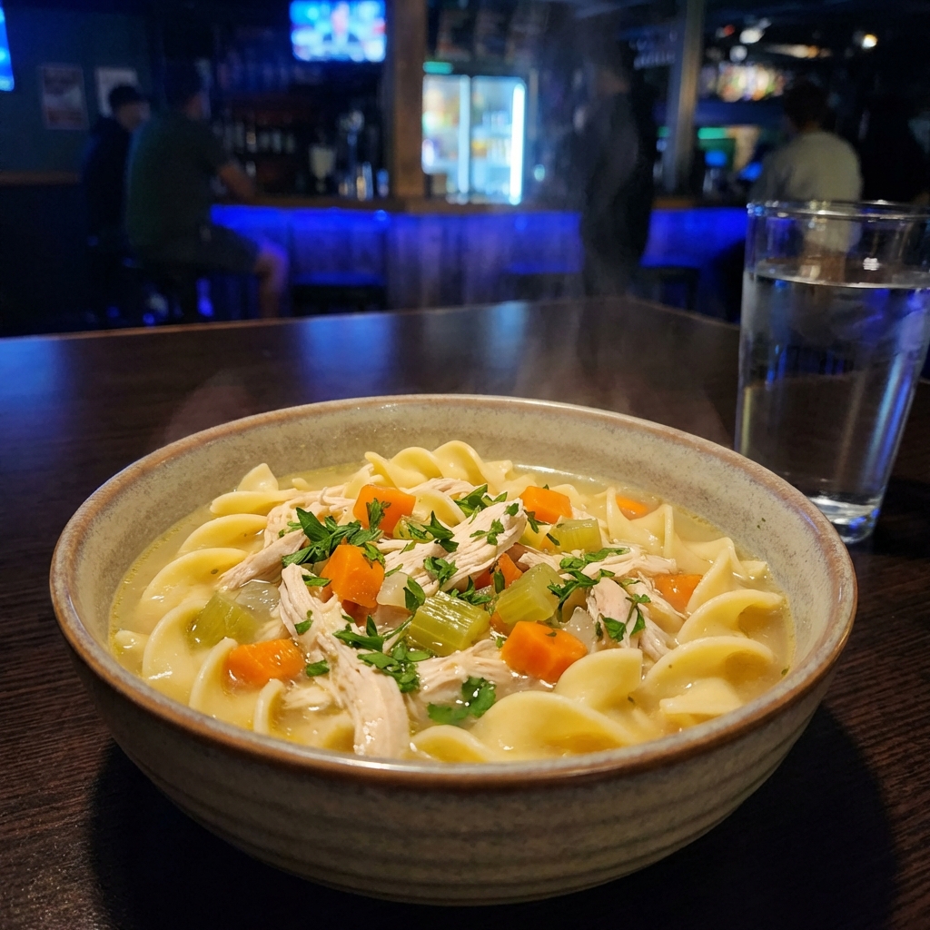 A steaming bowl of homemade chicken noodle soup with egg noodles, shredded chicken, carrots, celery, and fresh parsley on a wooden table