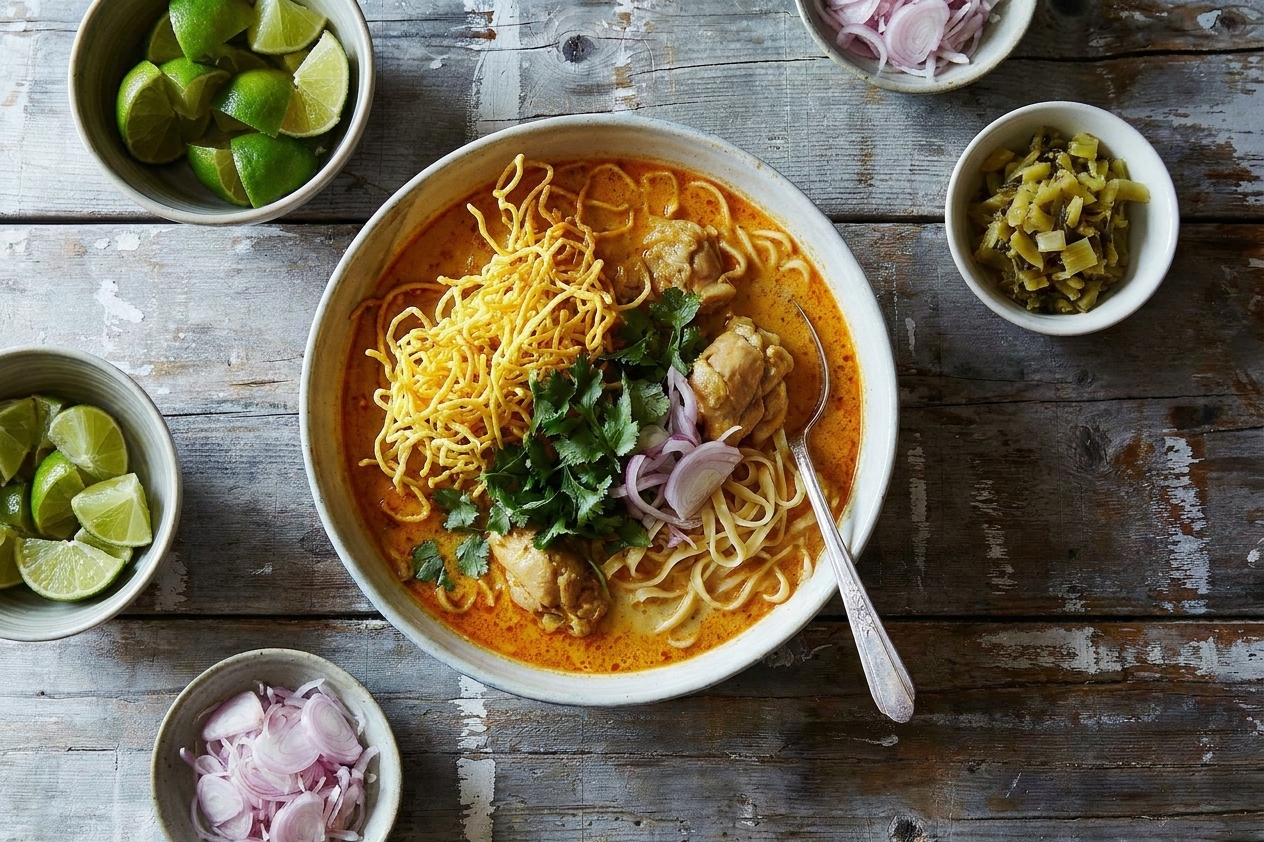A steaming bowl of khao soi with creamy orange coconut curry broth, chicken pieces, egg noodles, a crunchy topping, lime wedges, pickled mustard greens, and sliced shallots on a rustic wooden table
