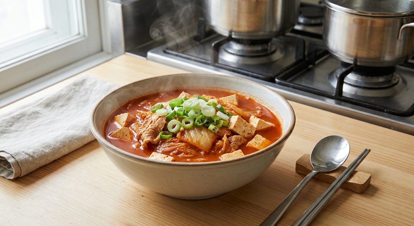A steaming bowl of kimchi soup with tofu cubes, sliced green onions, and a glossy red broth on a simple kitchen table