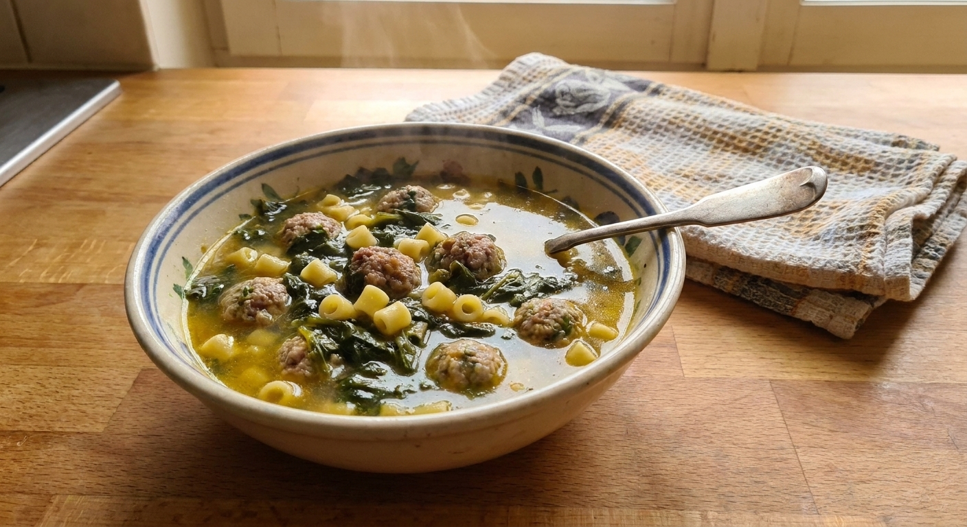 A steaming bowl of minestra maritata with small meatballs, leafy greens, and tiny pasta in golden broth, set on a warm wooden table with a spoon and a linen napkin