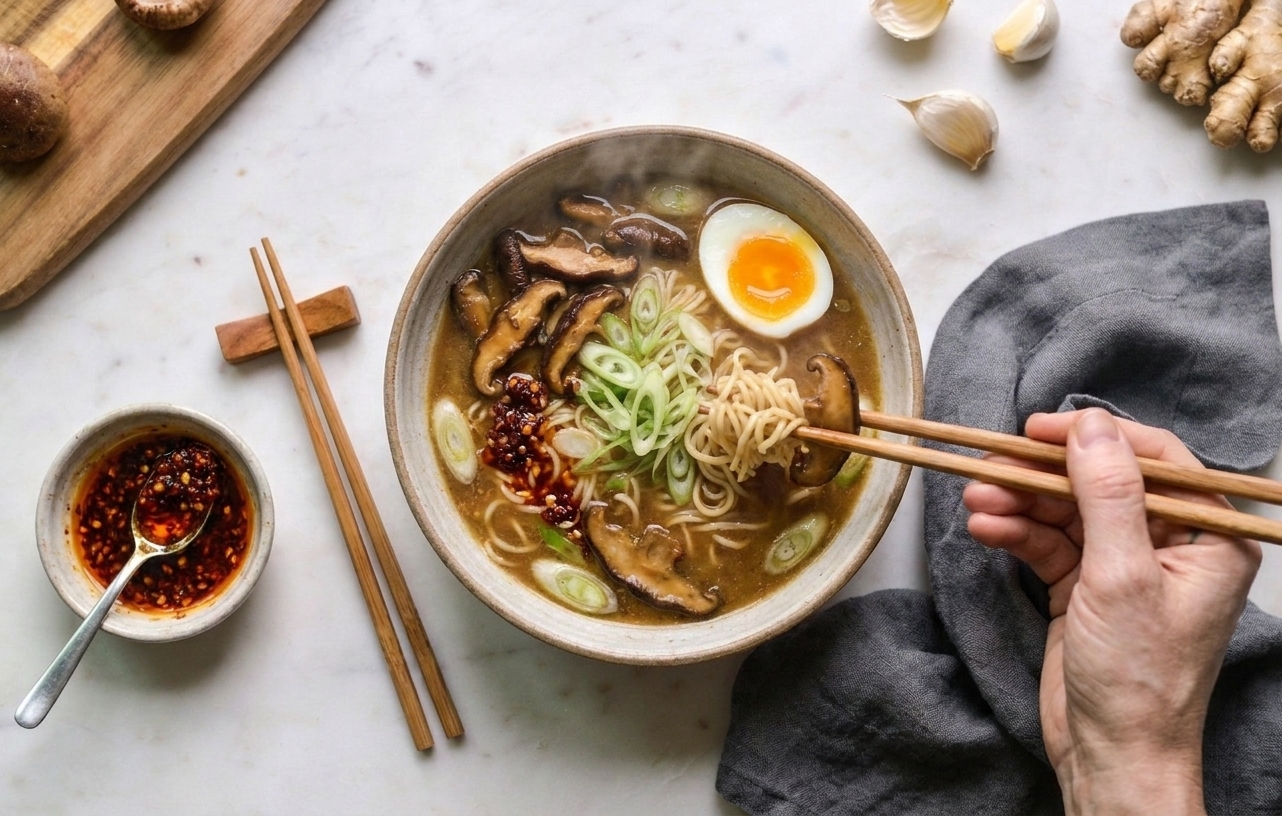 A steaming bowl of miso ramen with curly noodles, a jammy soft-boiled egg, sliced scallions, mushrooms, and chili oil on a wooden table with chopsticks