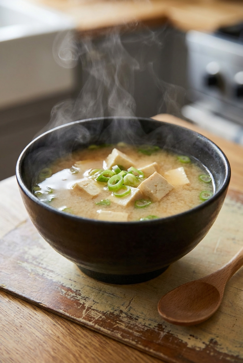 A steaming bowl of miso soup with tofu cubes and sliced scallions