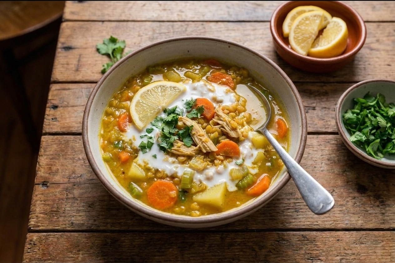 A steaming bowl of mulligatawny soup with shredded chicken, red lentils, and a swirl of coconut milk, set on a wooden table with a spoon and warm kitchen lighting
