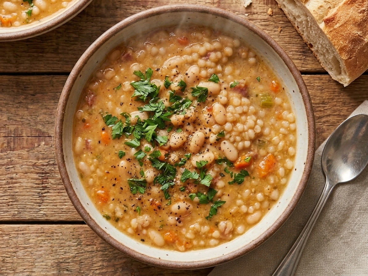 A steaming bowl of navy bean soup with tender beans, diced carrots and celery, and a sprinkle of parsley on top, sitting on a wooden table with a spoon nearby