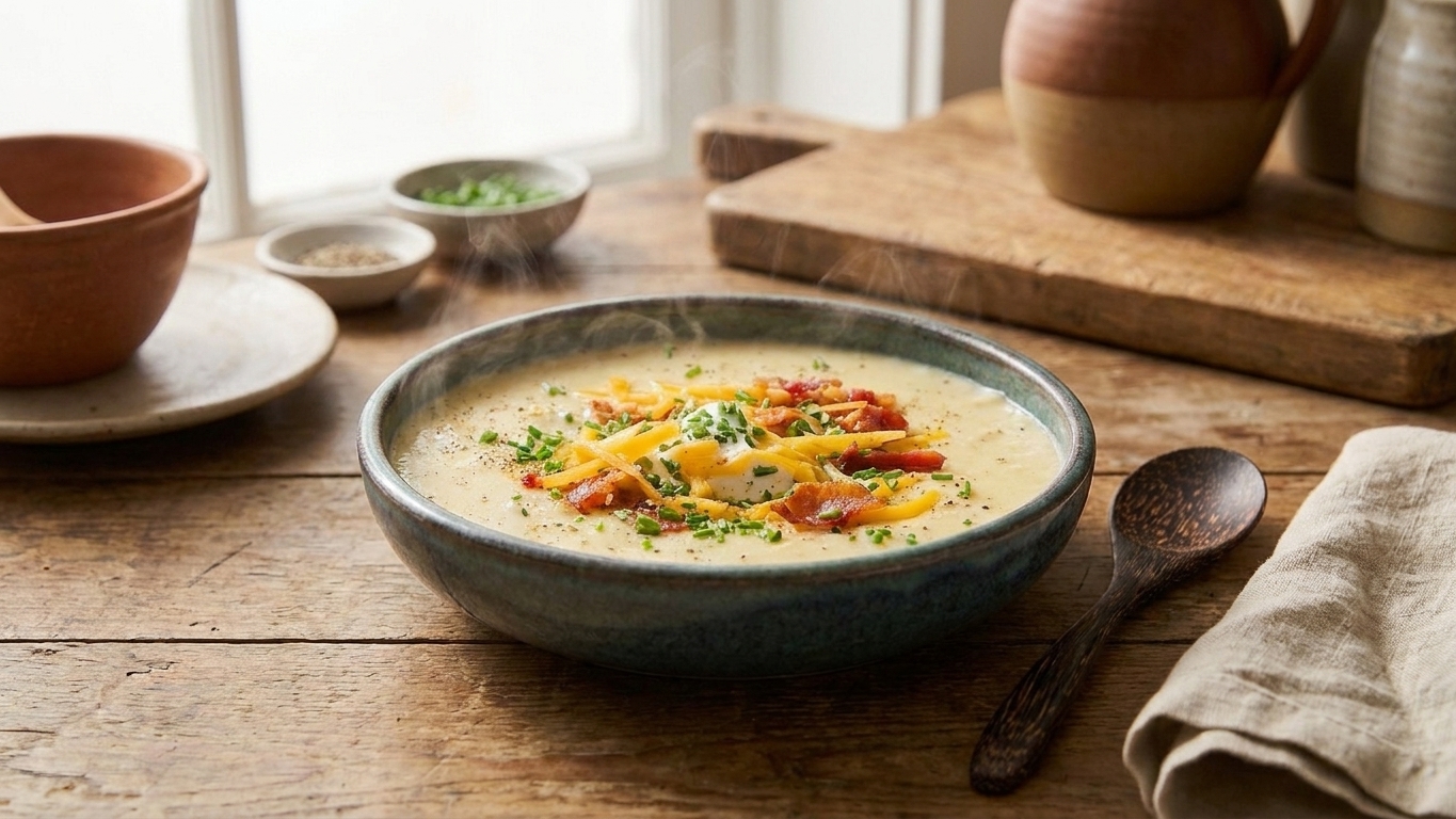 A steaming bowl of old fashioned potato soup with bacon pieces, black pepper, and chopped chives on top, set on a wooden table with a spoon and a folded linen napkin