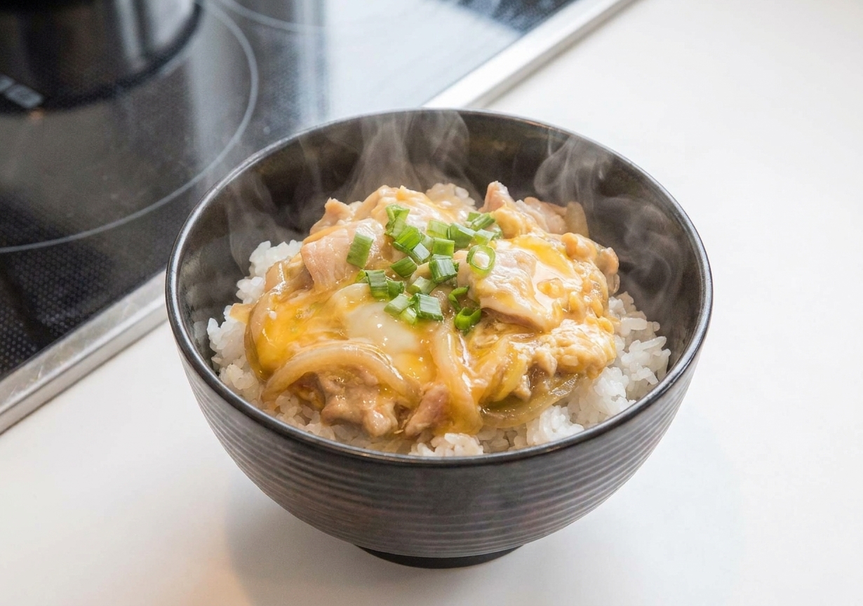 A steaming bowl of oyakodon with tender chicken, softly set egg ribbons, and sliced green onions over white rice on a wooden table