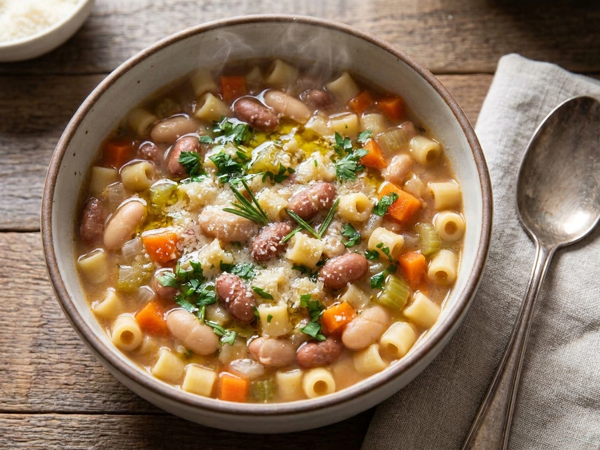 A steaming bowl of pasta e fagioli soup with beans, small pasta, and herbs on top, set on a wooden table with a spoon and napkin