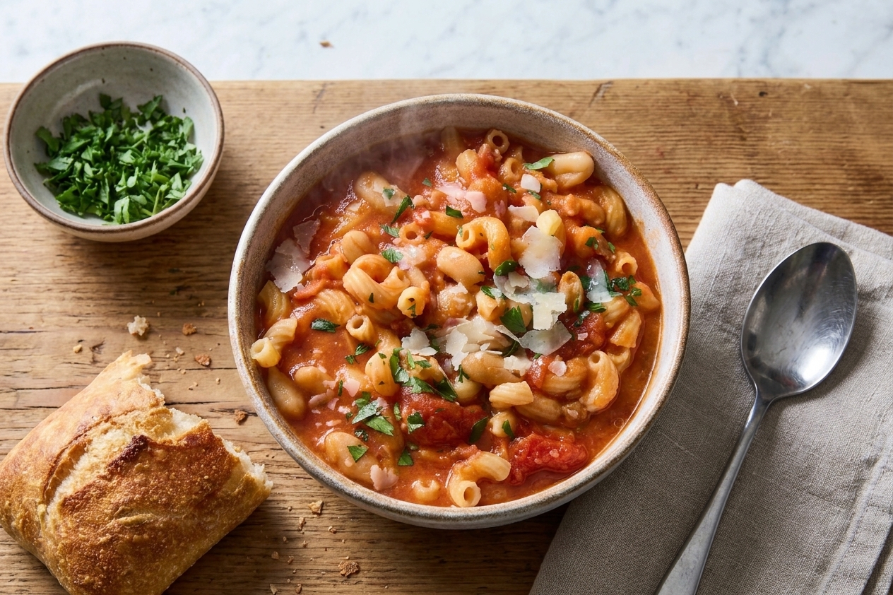 A steaming bowl of pasta e fagioli topped with grated Parmesan and chopped parsley, set on a rustic kitchen table with a spoon and a slice of crusty bread