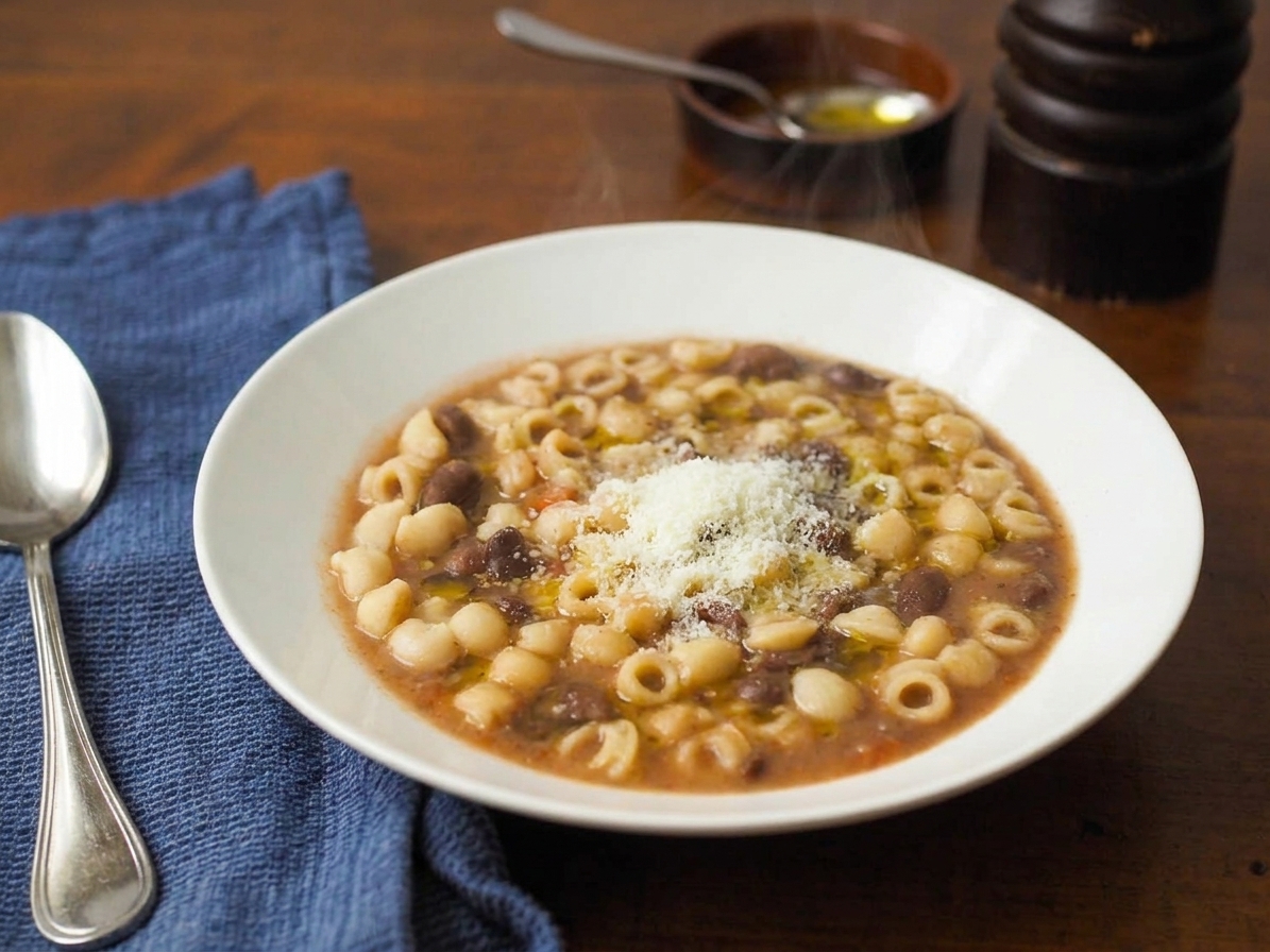 A steaming bowl of pasta e fagioli topped with grated Parmesan and a drizzle of olive oil on a wooden table, cozy dinner lighting
