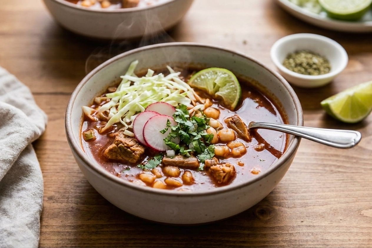 A steaming bowl of pozole rojo with pork and hominy in a deep red broth, topped with shredded cabbage, sliced radishes, cilantro, and a lime wedge on a warm-toned kitchen table