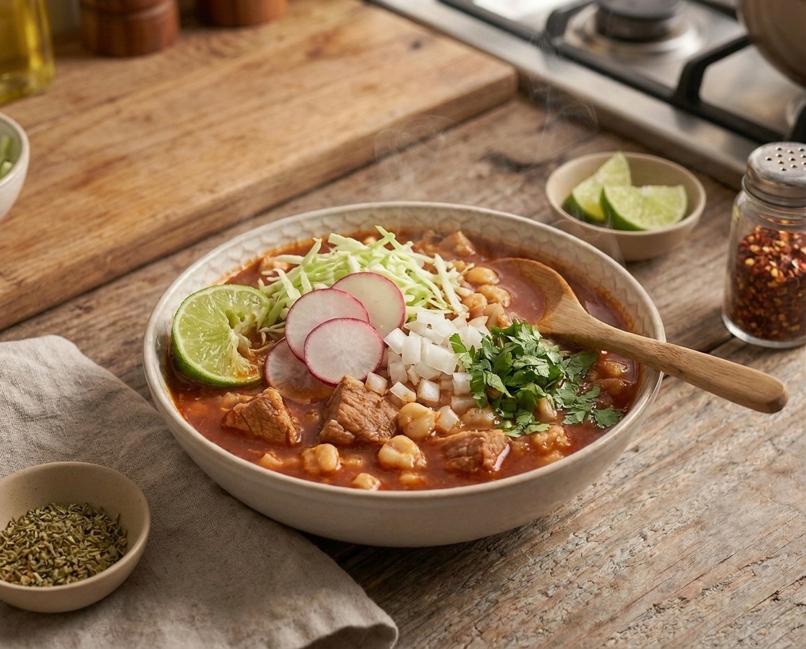 A steaming bowl of pozole rojo with pork and hominy, topped with shredded cabbage, sliced radishes, onion, cilantro, and lime wedges on a warm-toned kitchen table