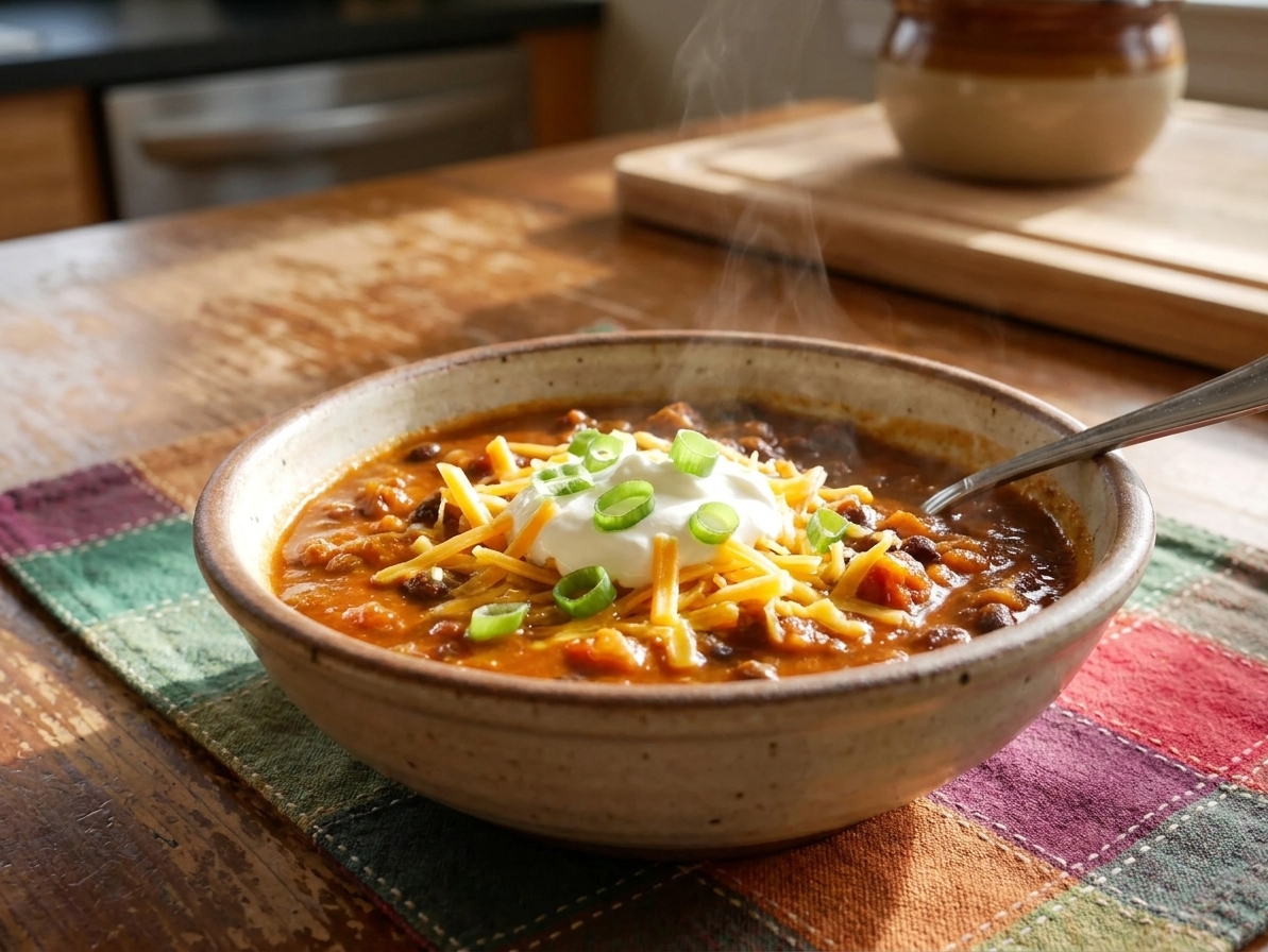 A steaming bowl of pumpkin chili topped with sour cream, shredded cheddar, and sliced green onions on a wooden kitchen table with warm natural light