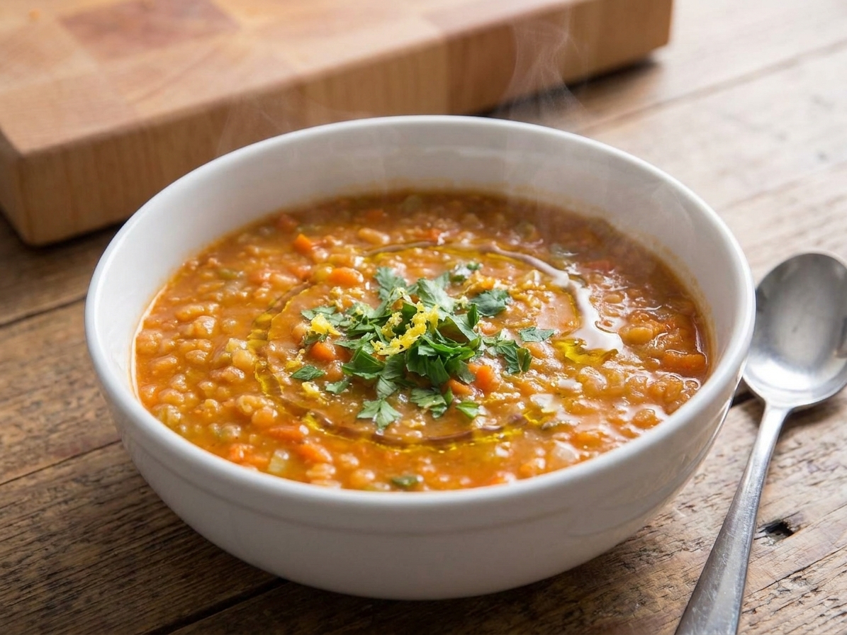 A steaming bowl of red lentil soup topped with lemon zest, chopped parsley, and a drizzle of olive oil on a rustic wooden table with a spoon beside it