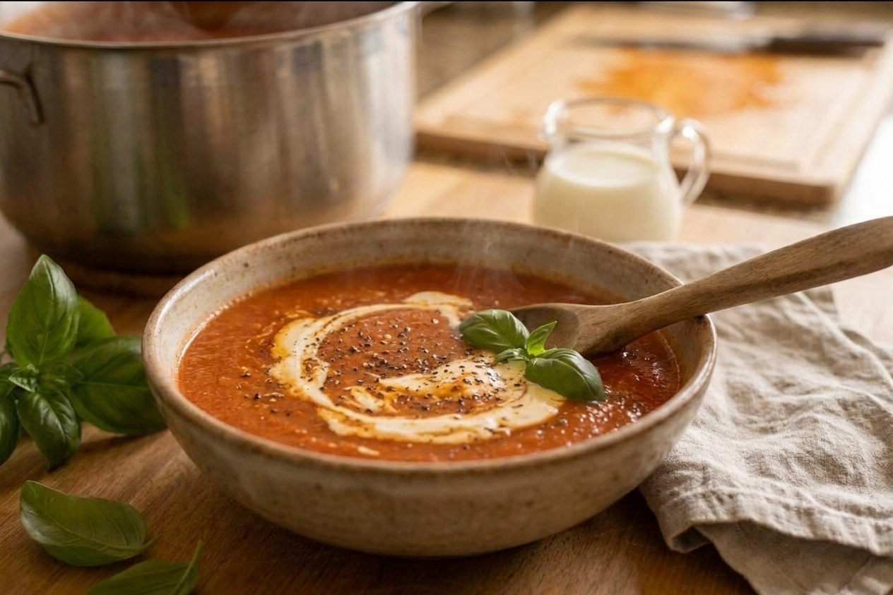 A steaming bowl of roasted tomato soup with a swirl of cream and basil leaves on top, set on a cozy kitchen table with a spoon and napkin