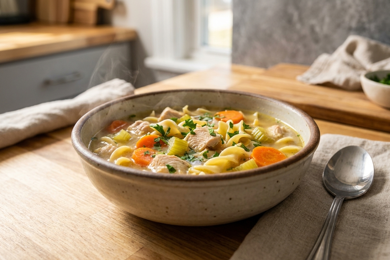 A steaming bowl of rotisserie chicken soup with carrots, celery, noodles, and fresh parsley on a wooden table with a spoon beside it, warm natural kitchen lighting