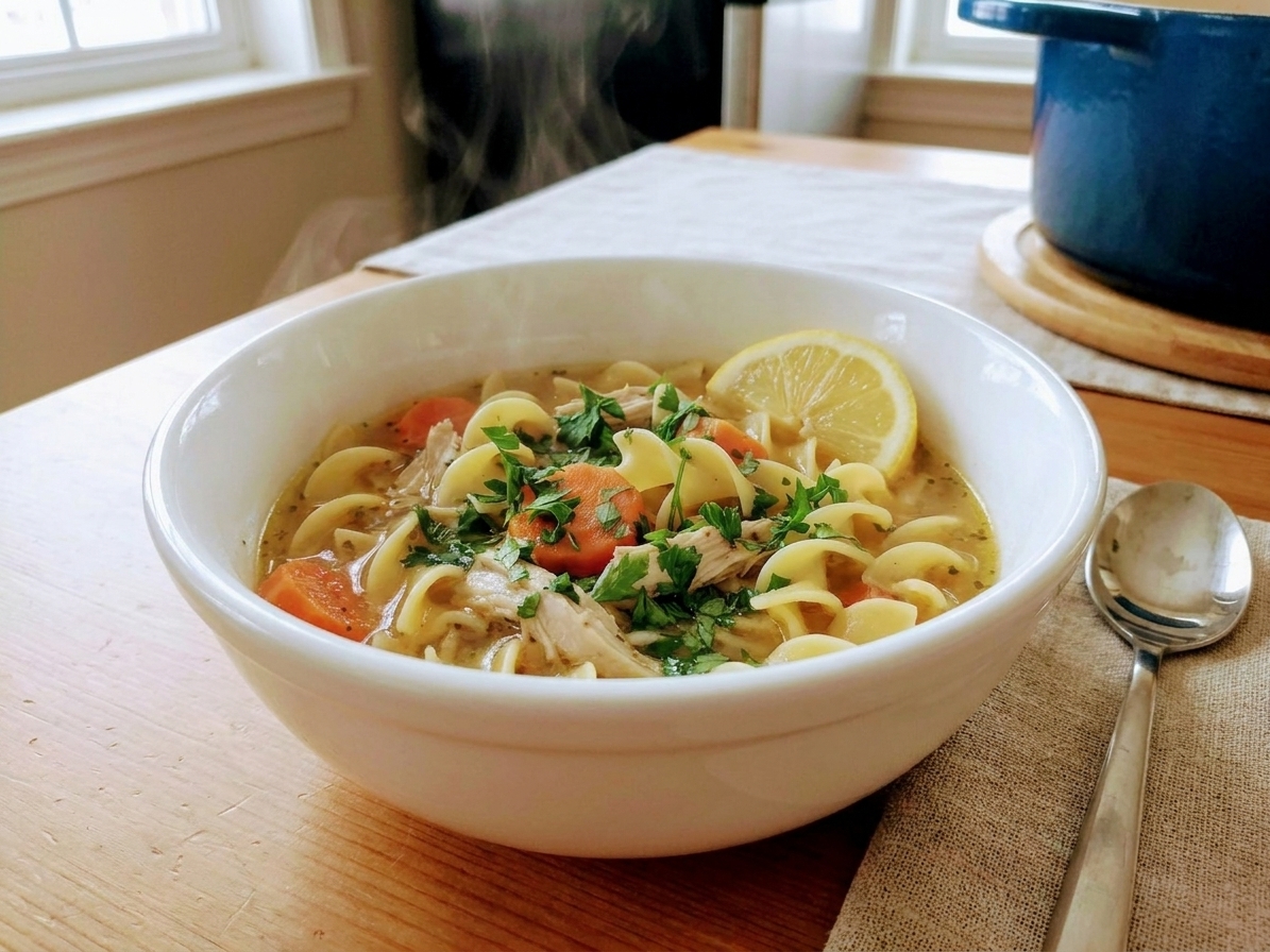 A steaming bowl of rotisserie chicken soup with shredded chicken, carrots, celery, noodles, and fresh parsley on a wooden table with a spoon beside it