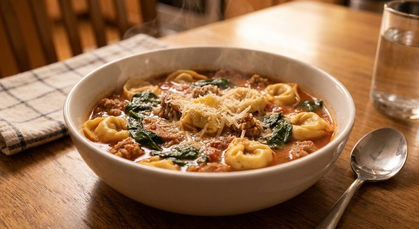 A steaming bowl of sausage tortellini soup with cheese tortellini, browned sausage crumbles, wilted spinach, and grated Parmesan on top, on a wooden table with a spoon beside it, warm kitchen lighting