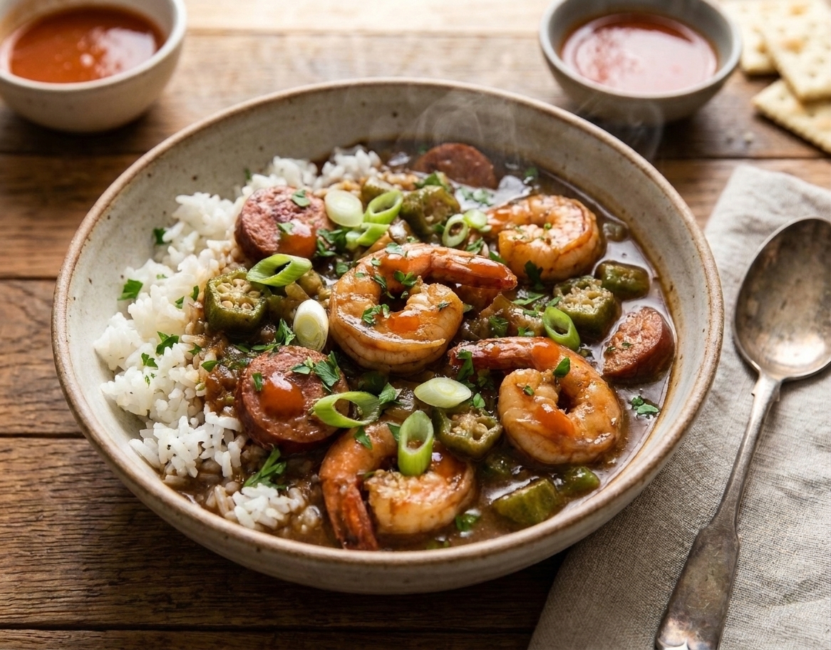 A steaming bowl of shrimp gumbo served over white rice with sliced scallions and a few drops of hot sauce on top, set on a wooden table with a spoon nearby